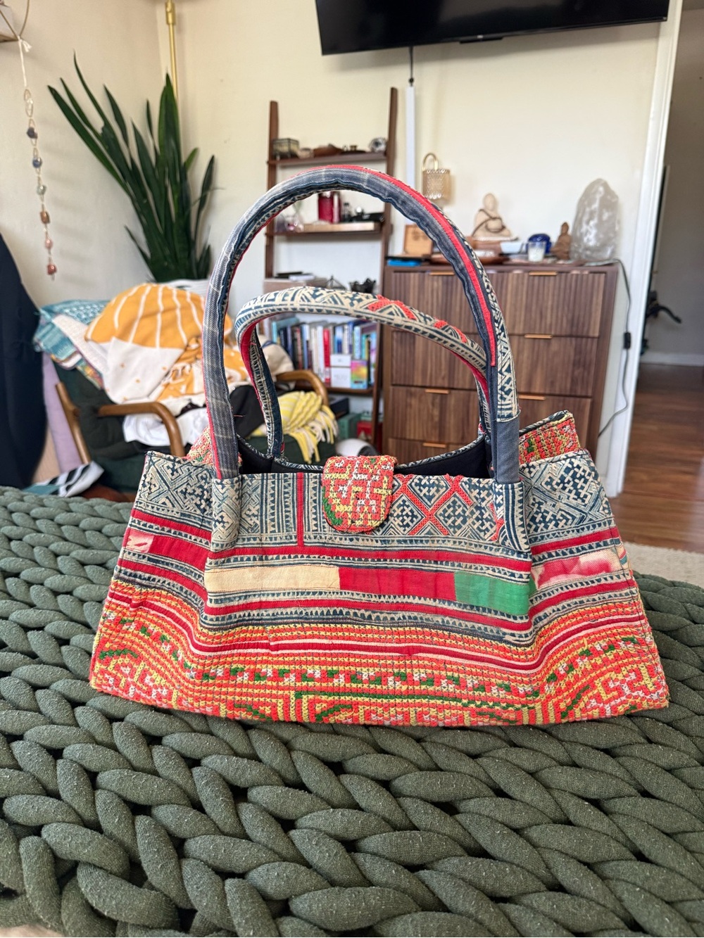 Boho Handwoven Shoulder Bag in Red, Green and Cream
